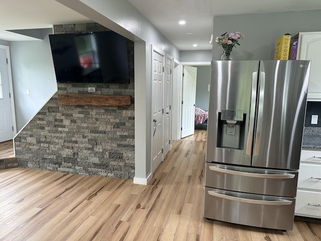 64 Litchfield Rd, Bowdoin, ME 04287 - kitchen with stainless steel fridge, light wood-type flooring, and recessed lighting