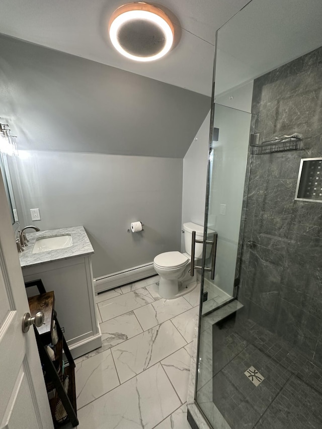 64 Litchfield Rd, Bowdoin, ME 04287 - bathroom with baseboard heating, marble look tiles, a shower stall, and vanity