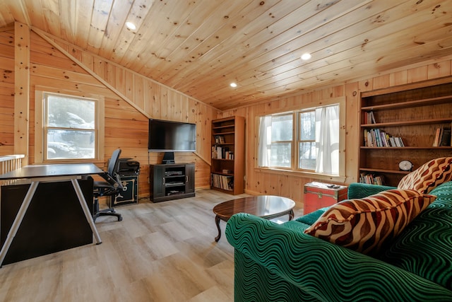 51 Short Point Way, Orland, ME 04472 - office space featuring vaulted ceiling, wood walls, wood ceiling, light wood-type flooring, and recessed lighting