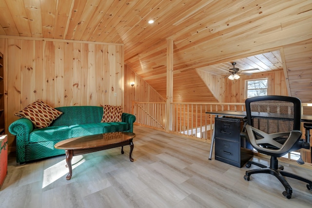 51 Short Point Way, Orland, ME 04472 - office area featuring wooden ceiling, wood walls, wood finished floors, a ceiling fan, and vaulted ceiling
