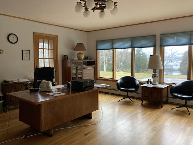 1 Francis Rd, Steuben, ME 04680 - home office featuring a chandelier, light wood-type flooring, baseboard heating, a baseboard heating unit, and crown molding