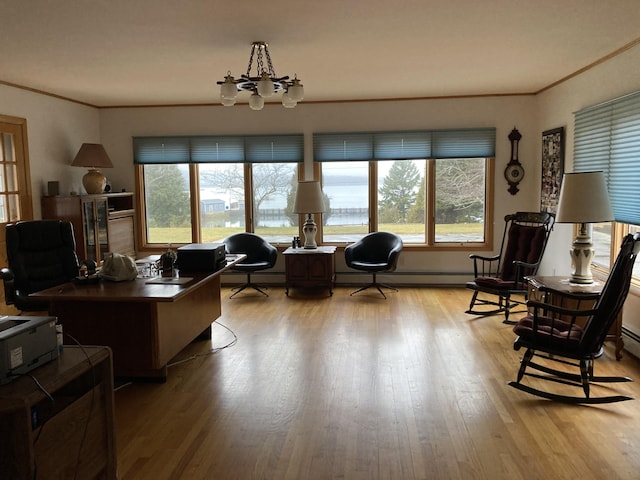 1 Francis Rd, Steuben, ME 04680 - office with crown molding, light wood-type flooring, and a chandelier