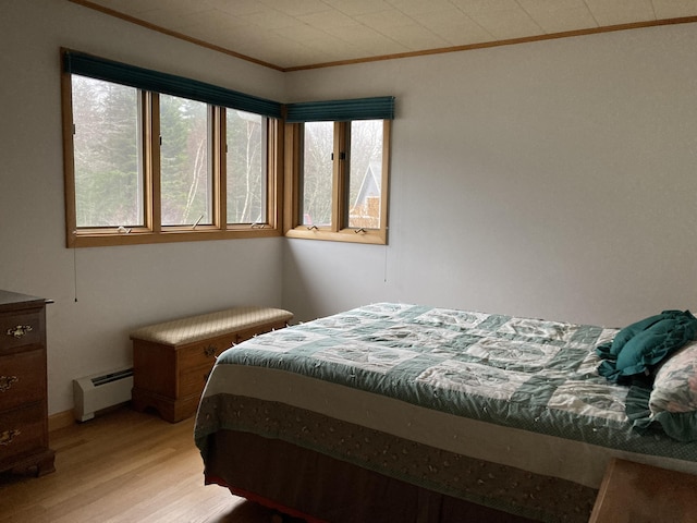 1 Francis Rd, Steuben, ME 04680 - bedroom with baseboard heating, ornamental molding, and light wood finished floors