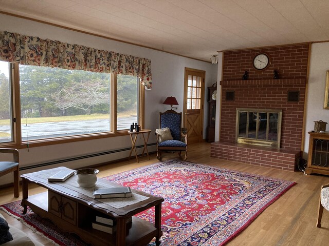 1 Francis Rd, Steuben, ME 04680 - living area with wood finished floors, a fireplace, and baseboard heating