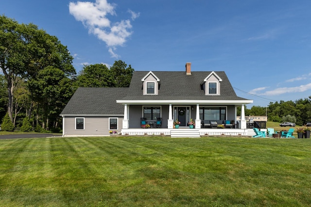 352 River Rd, Eliot, ME 03903 - view of front of home featuring a chimney, covered porch, a front lawn, and a shingled roof