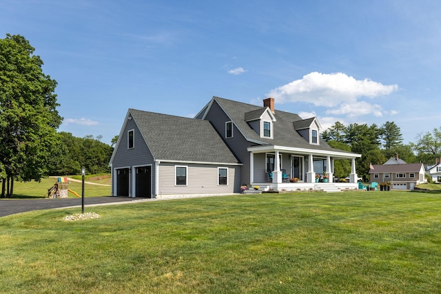 352 River Rd, Eliot, ME 03903 - view of front of house with covered porch, a chimney, a shingled roof, a front lawn, and driveway
