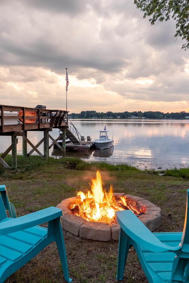 352 River Rd, Eliot, ME 03903 - dock with an outdoor fire pit and a water view