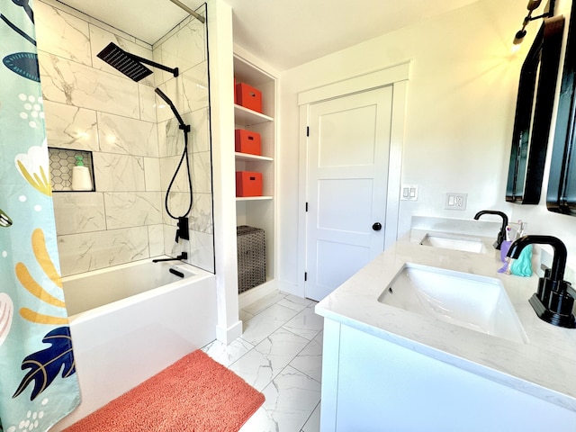 352 River Rd, Eliot, ME 03903 - bathroom with marble finish flooring, shower / bath combination with curtain, and double vanity