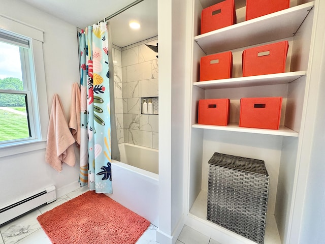 352 River Rd, Eliot, ME 03903 - full bathroom featuring baseboard heating, shower / bath combo with shower curtain, and recessed lighting