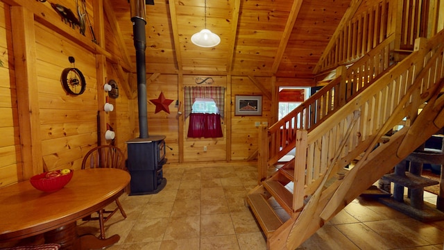 25 Loop Rd, Chester, ME 04457 - stairway with wooden ceiling, a wood stove, and wood walls