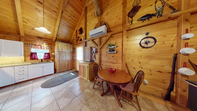 25 Loop Rd, Chester, ME 04457 - dining area featuring a wall mounted AC, wooden walls, light tile patterned floors, high vaulted ceiling, and a wooden ceiling with exposed beams