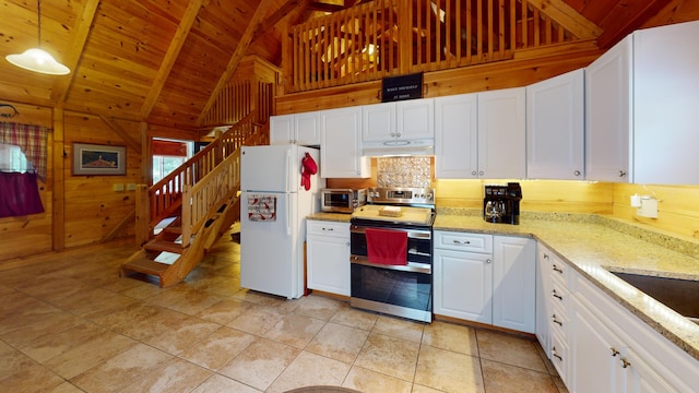 25 Loop Rd, Chester, ME 04457 - kitchen featuring stainless steel electric range oven, freestanding refrigerator, under cabinet range hood, a wooden ceiling with exposed beams, and wood walls