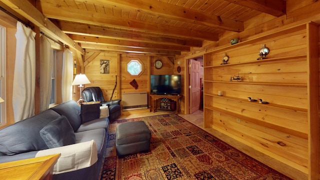 25 Loop Rd, Chester, ME 04457 - living room featuring a wooden ceiling with exposed beams and wood walls
