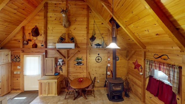 25 Loop Rd, Chester, ME 04457 - dining area with wood ceiling, wooden walls, and a wood stove