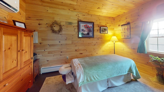 25 Loop Rd, Chester, ME 04457 - bedroom with an AC wall unit, baseboard heating, wooden walls, and wooden ceiling