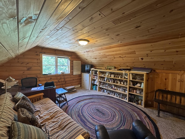 25 Loop Rd, Chester, ME 04457 - sitting room featuring carpet floors, lofted ceiling, wood ceiling, and rustic walls