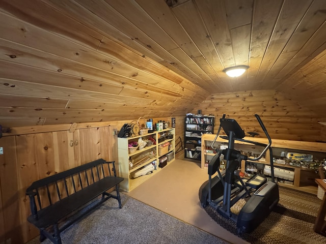 25 Loop Rd, Chester, ME 04457 - workout area with wooden ceiling, wood walls, vaulted ceiling, and carpet flooring