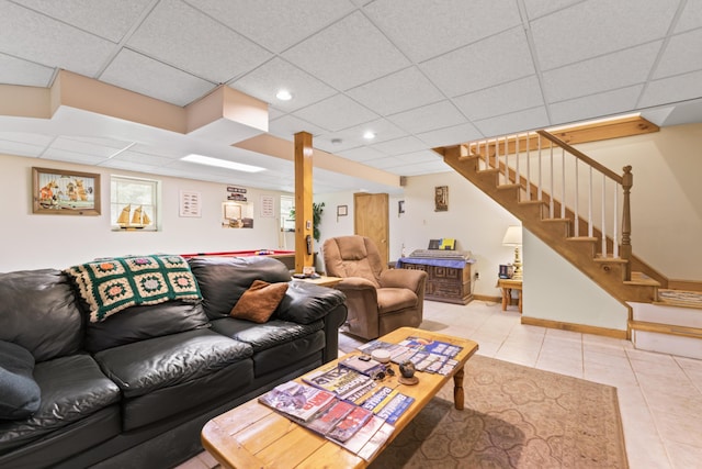 175 Buck N Doe Trl, Augusta, ME 04330 - living area featuring tile patterned flooring, stairs, a drop ceiling, and recessed lighting