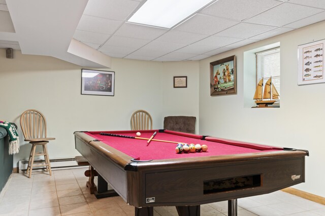175 Buck N Doe Trl, Augusta, ME 04330 - rec room with billiards, a drop ceiling, a baseboard heating unit, and light tile patterned floors