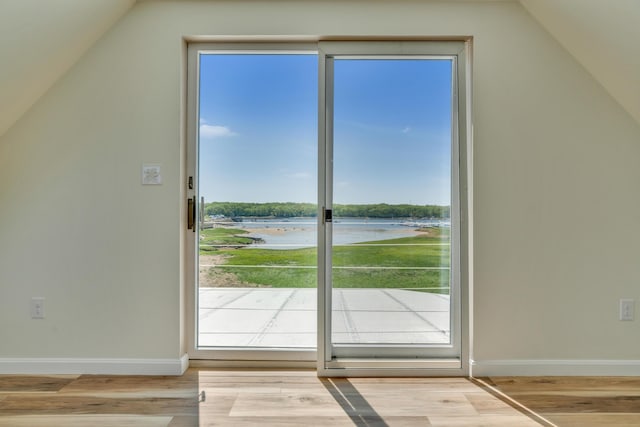 9 Riverside Ave, Saco, ME 04072 - doorway featuring lofted ceiling, wood finished floors, and a water view