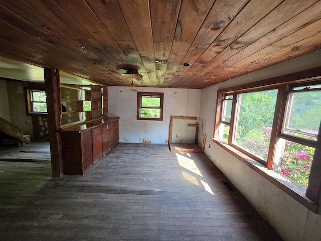67 Back Searsport Rd, Searsport, ME 04974 - unfurnished living room with dark wood-style flooring and wood ceiling
