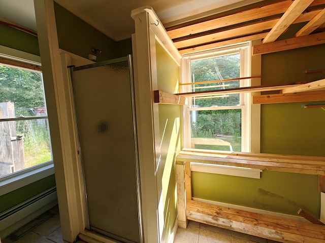 1052 Douty Hill Rd, Sangerville, ME 04479 - bathroom featuring a stall shower, baseboard heating, and tile patterned flooring
