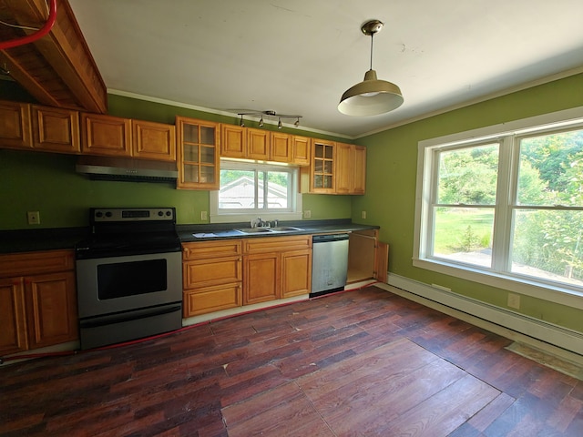 1052 Douty Hill Rd, Sangerville, ME 04479 - kitchen featuring stainless steel appliances, under cabinet range hood, dark wood-style flooring, dark countertops, and ornamental molding