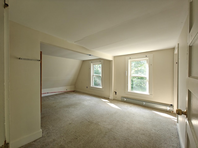 1052 Douty Hill Rd, Sangerville, ME 04479 - bonus room featuring baseboard heating, carpet, and vaulted ceiling
