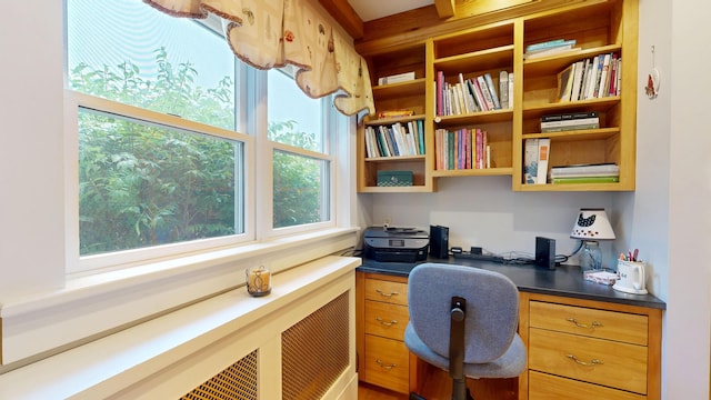 486 Webbs Mills Rd, Raymond, ME 04071 - office area featuring built in desk, radiator, and healthy amount of natural light
