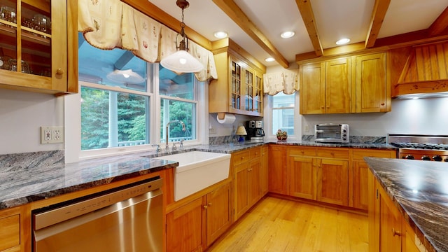 486 Webbs Mills Rd, Raymond, ME 04071 - kitchen with dishwasher, light wood-style floors, beam ceiling, pendant lighting, and glass insert cabinets
