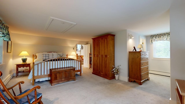486 Webbs Mills Rd, Raymond, ME 04071 - bedroom with baseboard heating, attic access, and light carpet