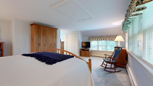486 Webbs Mills Rd, Raymond, ME 04071 - carpeted bedroom with attic access, baseboard heating, and multiple closets