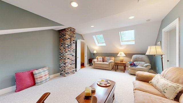 486 Webbs Mills Rd, Raymond, ME 04071 - living room with a skylight, vaulted ceiling, carpet floors, and recessed lighting