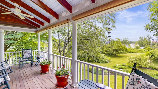 486 Webbs Mills Rd, Raymond, ME 04071 - porch featuring ceiling fan and a yard