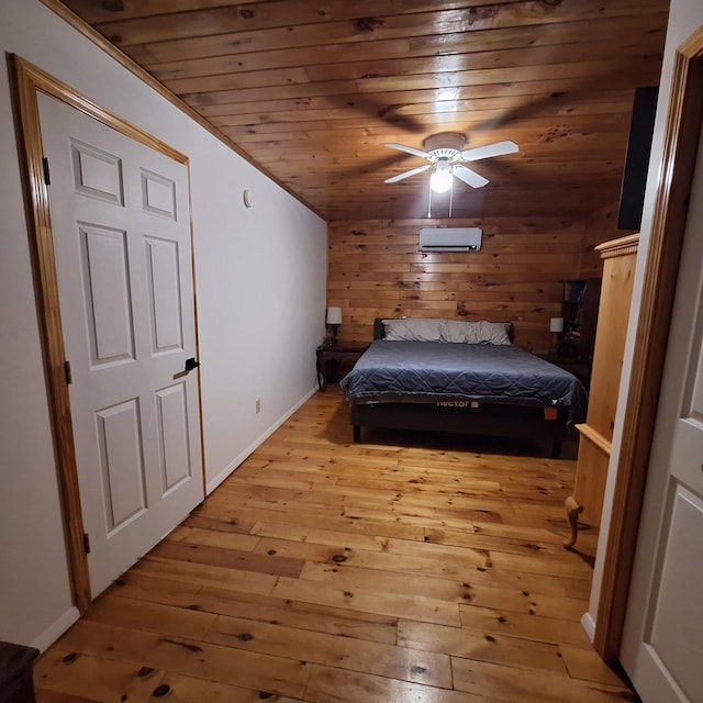 71 Mountain View Dr, Hartford, ME 04220 - bedroom with wood ceiling, light wood-type flooring, wood walls, and a ceiling fan