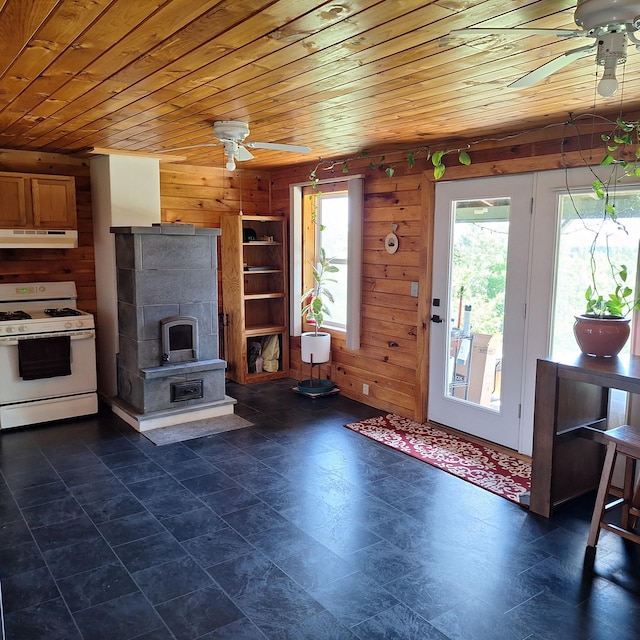 71 Mountain View Dr, Hartford, ME 04220 - unfurnished living room featuring a ceiling fan, wood ceiling, and wood walls