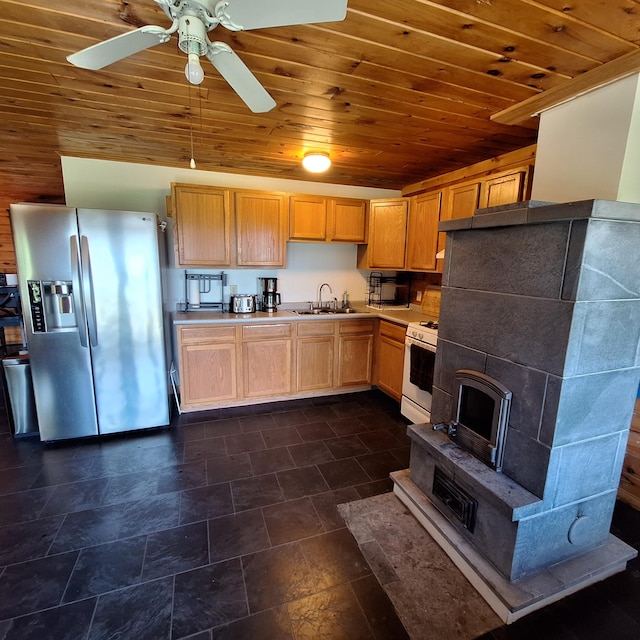 71 Mountain View Dr, Hartford, ME 04220 - kitchen featuring stainless steel fridge, wood ceiling, white range with gas stovetop, light countertops, and a ceiling fan