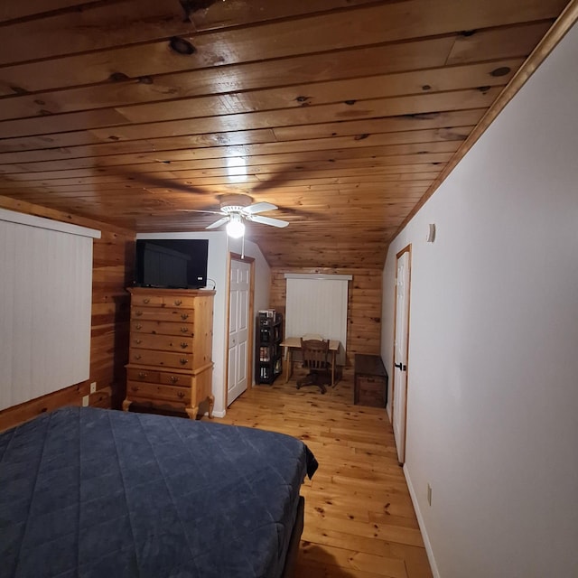 71 Mountain View Dr, Hartford, ME 04220 - bedroom with wood ceiling, wood finished floors, wooden walls, vaulted ceiling, and a ceiling fan