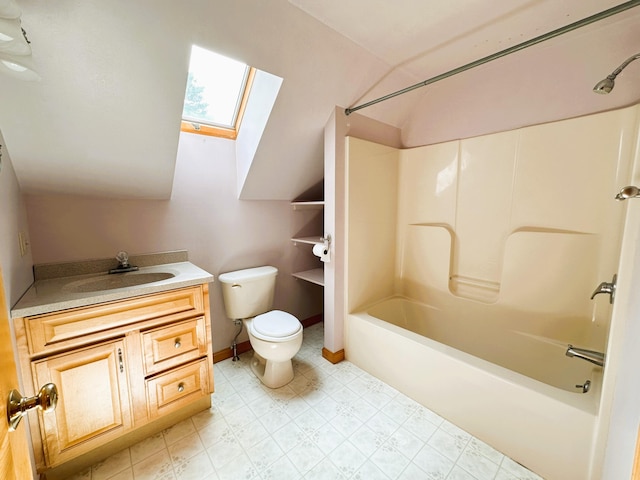 27 Hodgdon Rd, Levant, ME 04456 - bathroom with a skylight, lofted ceiling,  shower combination, vanity, and tile patterned floors