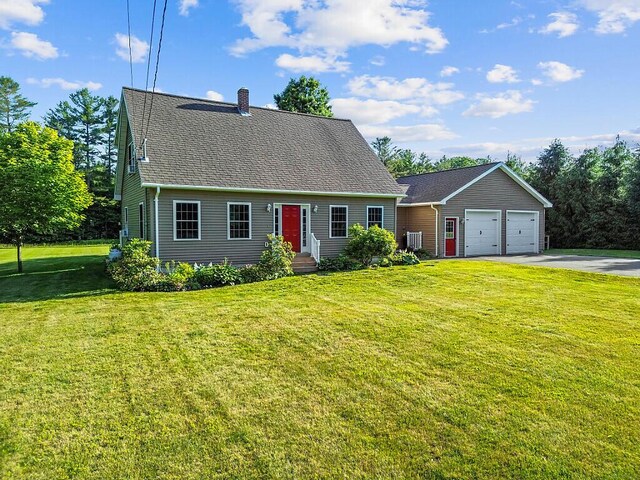 34 Cari Way, Sidney, ME 04330 - cape cod-style house featuring a chimney, a garage, a front lawn, a shingled roof, and driveway