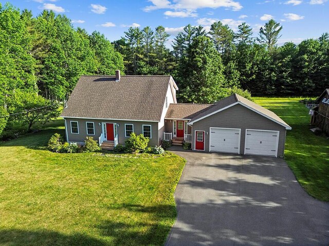 34 Cari Way, Sidney, ME 04330 - cape cod home with driveway, a garage, a front lawn, and a shingled roof