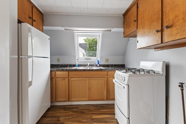 10 Jones Way, Sullivan, ME 04664 - kitchen with white appliances, brown cabinets, and dark wood-style floors