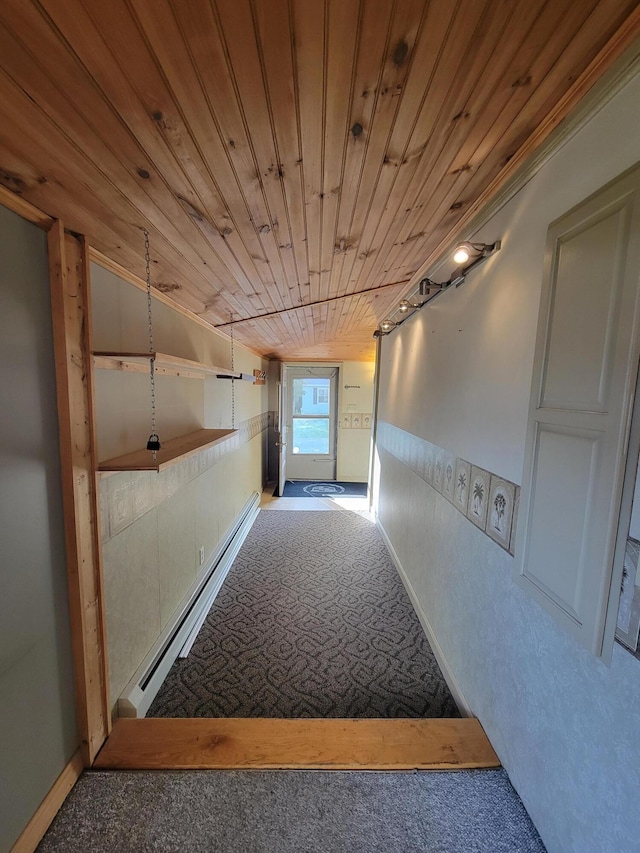 67 Stevens St, Lewiston, ME 04240 - corridor featuring carpet floors, baseboard heating, and wood ceiling