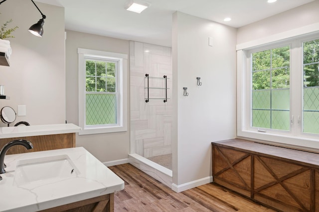 65 Wildbrook Ln, Eliot, ME 03903 - bathroom featuring wood finished floors, a walk in shower, vanity, and recessed lighting