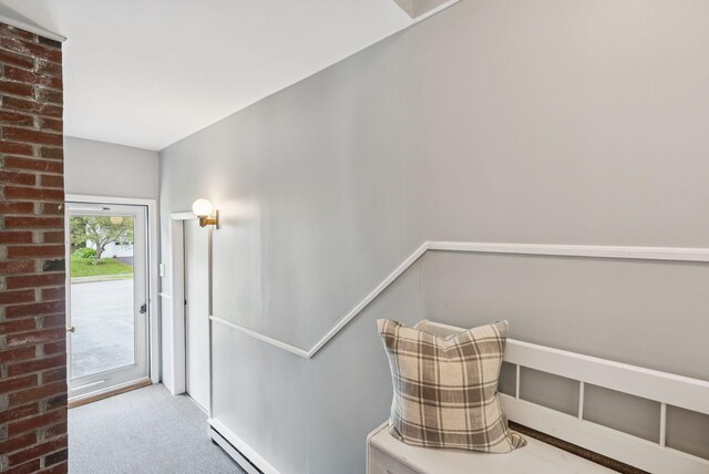 66 Rustic Ln, Portland, ME 04103 - staircase featuring carpet and a baseboard heating unit