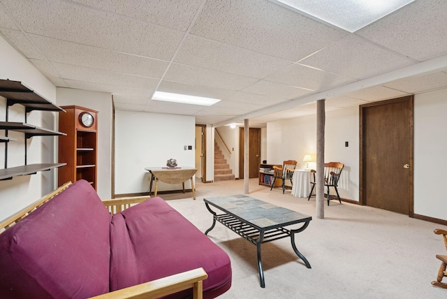 66 Rustic Ln, Portland, ME 04103 - living area featuring a paneled ceiling, stairway, and carpet