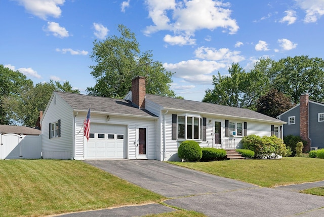 66 Rustic Ln, Portland, ME 04103 - ranch-style home with an attached garage, driveway, a gate, a chimney, and a front yard