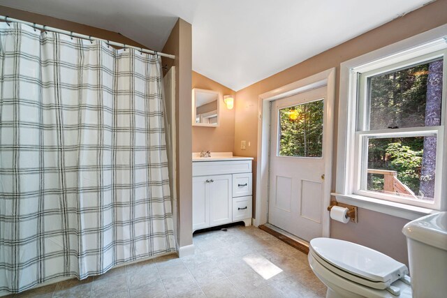 full bathroom featuring vaulted ceiling, plenty of natural light, vanity, and a shower with shower curtain