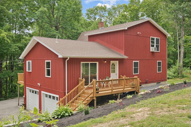 2288 W River Rd, Sidney, ME 04330 - chalet / cabin featuring a shingled roof, a chimney, a wooden deck, and asphalt driveway