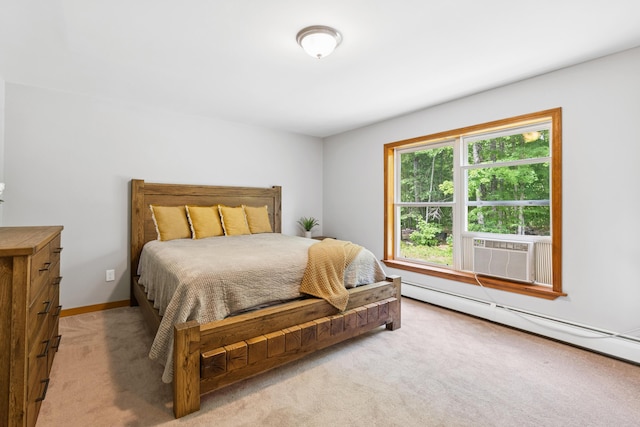 2288 W River Rd, Sidney, ME 04330 - bedroom featuring a baseboard heating unit, light carpet, and cooling unit
